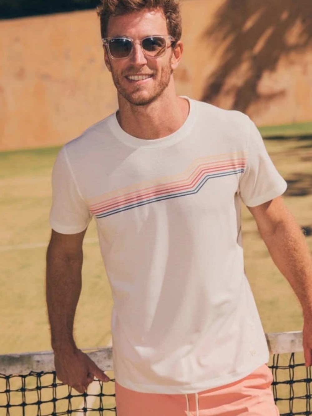Marine Layer Cream Short-Sleeve Tee with Retro Multi-Stripe